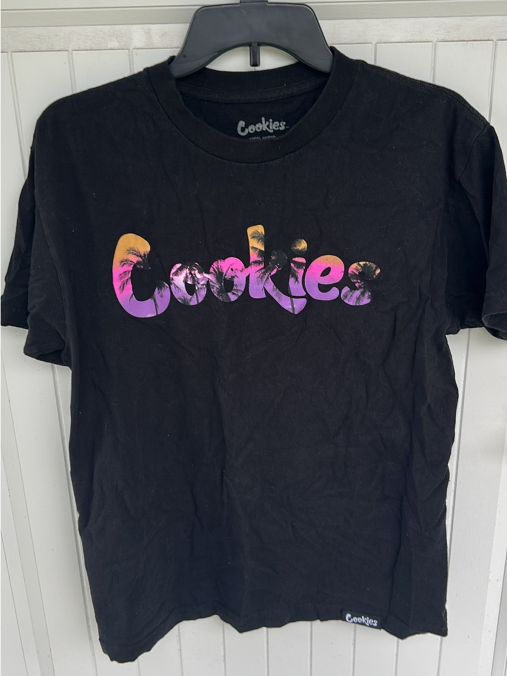 Cookies Women's Black Short-Sleeve Tee with Pink-Orange Gradient Logo